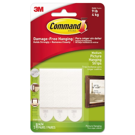 Command Picture Hanging Strips, Removable, Holds Up to 3 lbs per Pair, 0.75 x 2.75, White, PK3, 3PK 17201